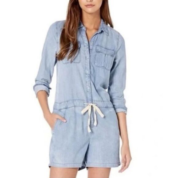 Blank NYC Long Sleeve Chambray Shorts Romper Medium NWT - Picture 3 of 6